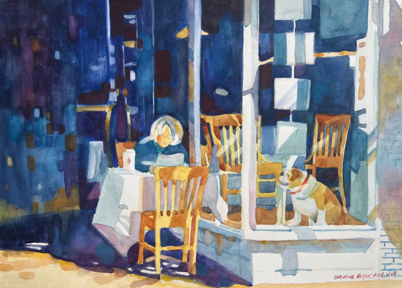 "Out to Lunch" Christine Heyse, Watercolor on Paper Image 15" x 22" framed 