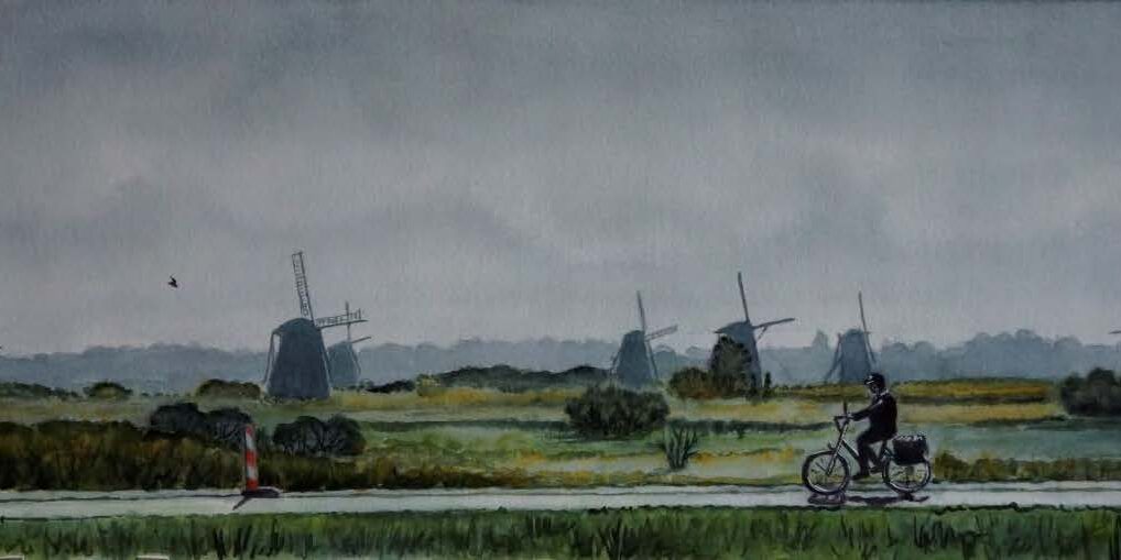 First Place Award
Wendy Leddy
“Windmills in the Mist”
Watercolor and Gouache on paper
$450
Image 21.75” x 7.75”
Framed 27.25” x 13.25”